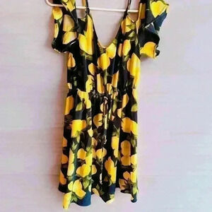 Women’s Rosette Spring Blue Dress With Yellow Lemons Flutter Sleeve Chiffon